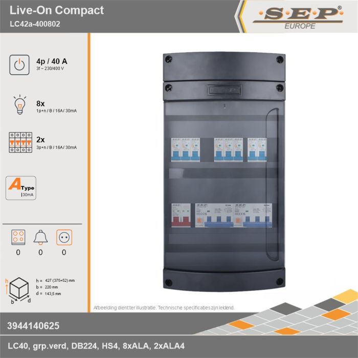 SEP Europe - Live-On Compact, LC42a-400802, 40A, 3-fase groepenkast, 8-lichtgroepen, 2-krachtgroepen, technische gegevens