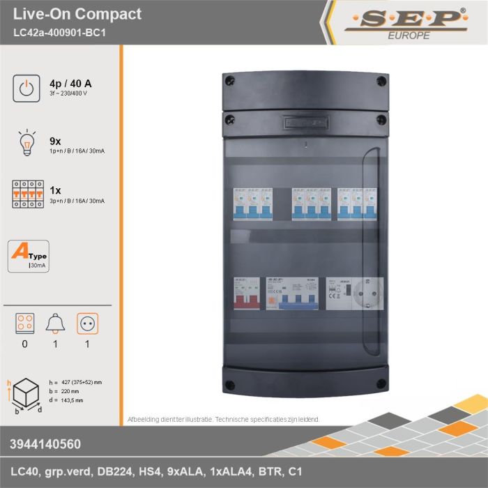 SEP Europe - Live-On Compact, LC42a-400901-BC1, 40A, 3-fase groepenkast, 9-lichtgroepen, 1-krachtgroepen, 1-beltrafo,  1V-contactdoos, technische gegevens