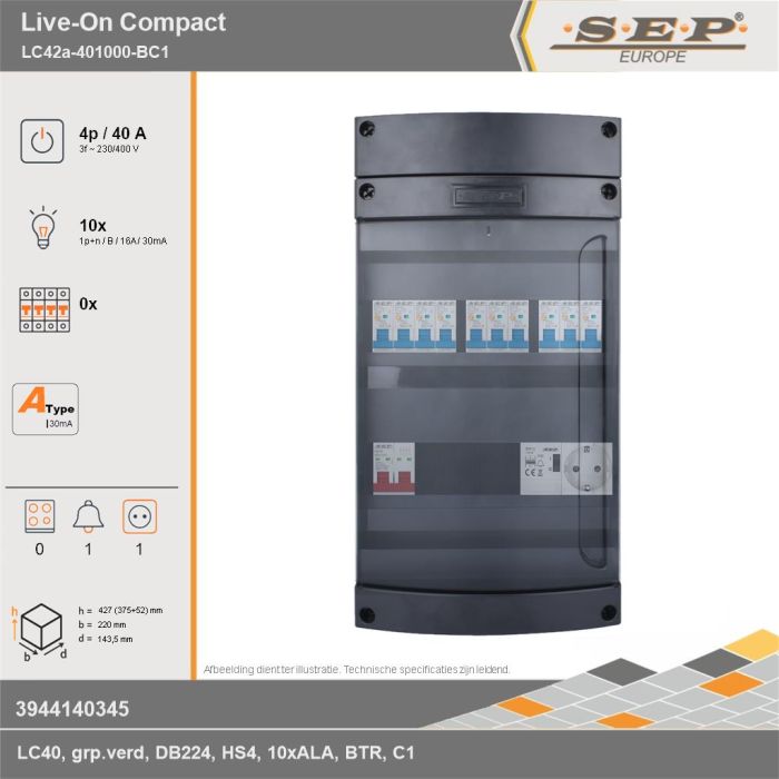 SEP Europe - Live-On Compact, LC42a-401000-BC1, 40A, 3-fase groepenkast, 10-lichtgroepen, 1-beltrafo,  1V-contactdoos, technische gegevens