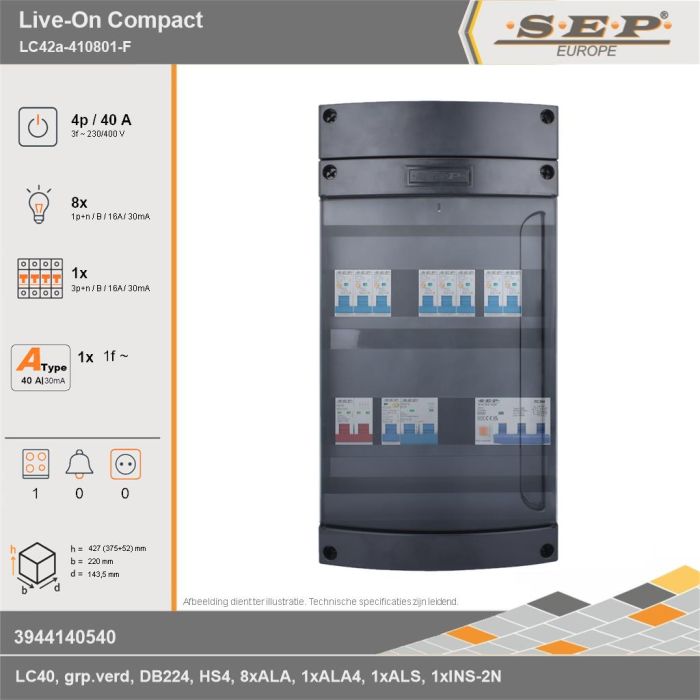 SEP Europe - Live-On Compact, LC42a-410801-F, 40A, 3-fase groepenkast, 8-lichtgroepen, 1-krachtgroepen, 1-fornuisgroep, technische gegevens