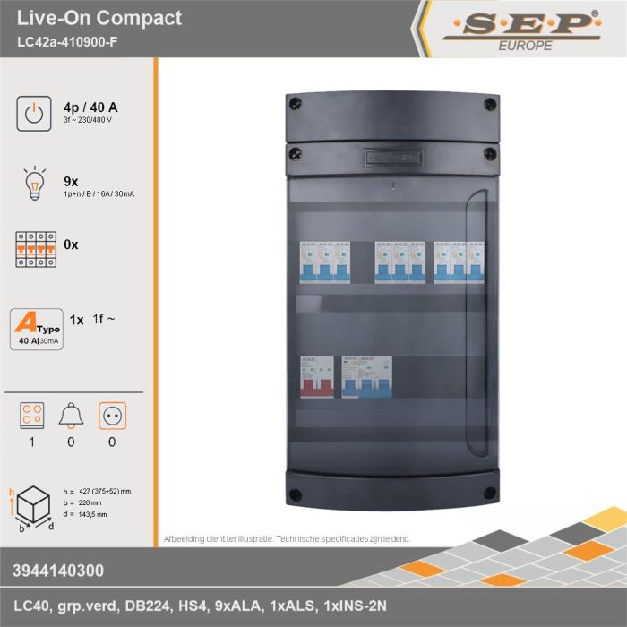 SEP Europe - Live-On Compact, LC42a-410900-F, 40A, 3-fase groepenkast, 9-lichtgroepen, 1-fornuisgroep, technische gegevens