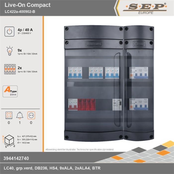 SEP Europe - Live-On Compact, LC422a-400902-B, 40A, 3-fase groepenkast, 9-lichtgroepen, 2-krachtgroepen, 1-beltrafo, technische gegevens