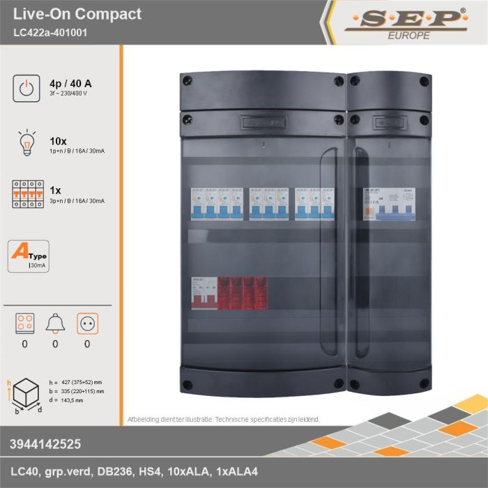 SEP Europe - Live-On Compact, LC422a-401001, 40A, 3-fase groepenkast, 10-lichtgroepen, 1-krachtgroepen, technische gegevens