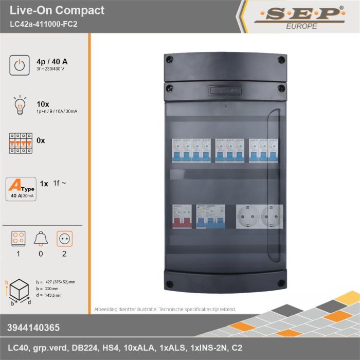 SEP Europe - Live-On Compact, LC42a-411000-FC2, 40A, 3-fase groepenkast, 10-lichtgroepen, 1-fornuisgroep,  2V-contactdoos, technische gegevens