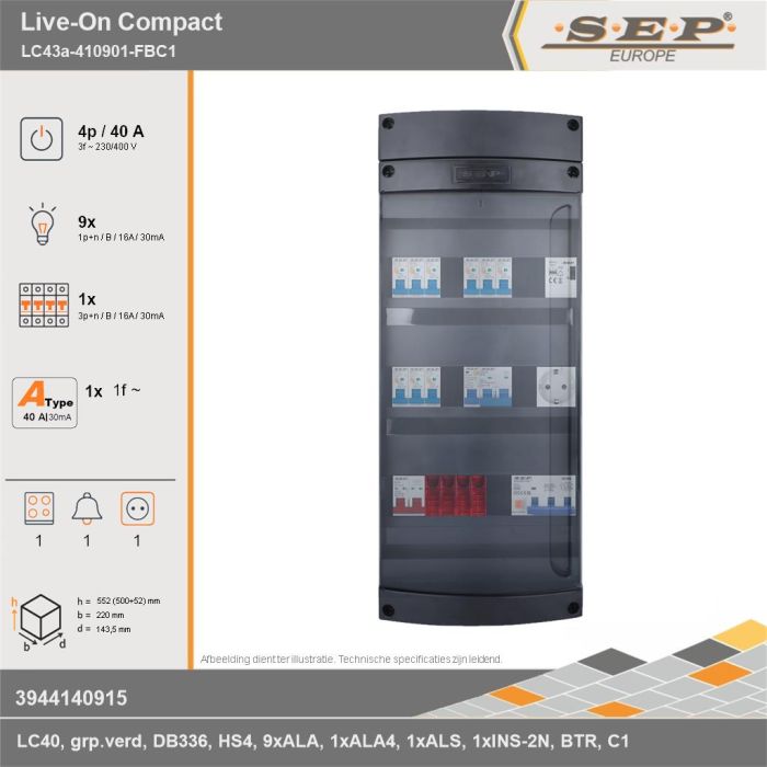 SEP Europe - Live-On Compact, LC43a-410901-FBC1, 40A, 3-fase groepenkast, 9-lichtgroepen, 1-krachtgroepen, 1-fornuisgroep, 1-beltrafo,  1V-contactdoos, technische gegevens