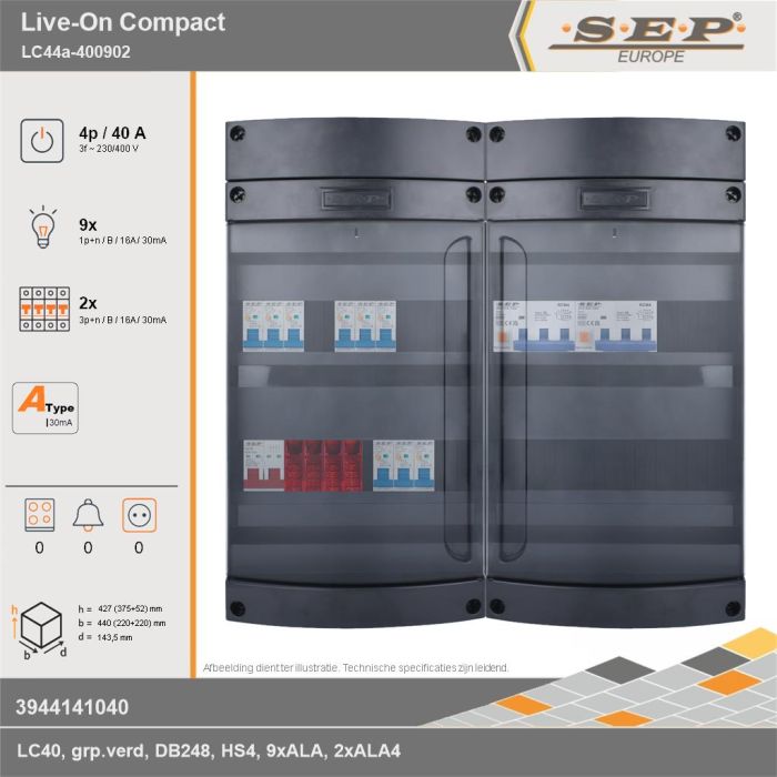 SEP Europe - Live-On Compact, LC44a-400902, 40A, 3-fase groepenkast, 9-lichtgroepen, 2-krachtgroepen, technische gegevens