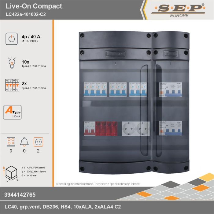 SEP Europe - Live-On Compact, LC422a-401002-C2, 40A, 3-fase groepenkast, 10-lichtgroepen, 2-krachtgroepen,  2V-contactdoos, technische gegevens