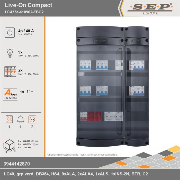 SEP Europe - Live-On Compact, LC433a-410902-FBC2, 40A, 3-fase groepenkast, 9-lichtgroepen, 2-krachtgroepen, 1-fornuisgroep, 1-beltrafo,  2V-contactdoos, technische gegevens
