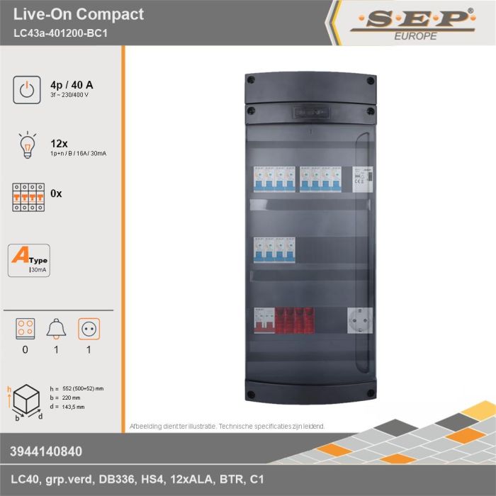 SEP Europe - Live-On Compact, LC43a-401200-BC1, 40A, 3-fase groepenkast, 12-lichtgroepen, 1-beltrafo,  1V-contactdoos, technische gegevens