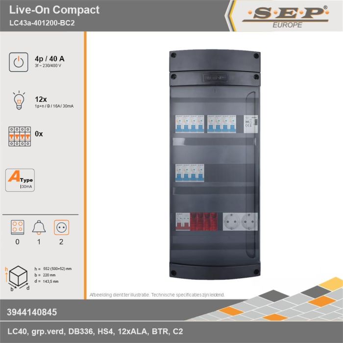 SEP Europe - Live-On Compact, LC43a-401200-BC2, 40A, 3-fase groepenkast, 12-lichtgroepen, 1-beltrafo,  2V-contactdoos, technische gegevens