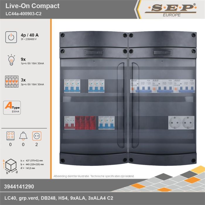 SEP Europe - Live-On Compact, LC44a-400903-C2, 40A, 3-fase groepenkast, 9-lichtgroepen, 3-krachtgroepen,  2V-contactdoos, technische gegevens