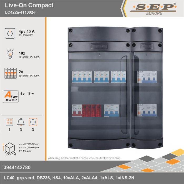 SEP Europe - Live-On Compact, LC422a-411002-F, 40A, 3-fase groepenkast, 10-lichtgroepen, 2-krachtgroepen, 1-fornuisgroep, technische gegevens