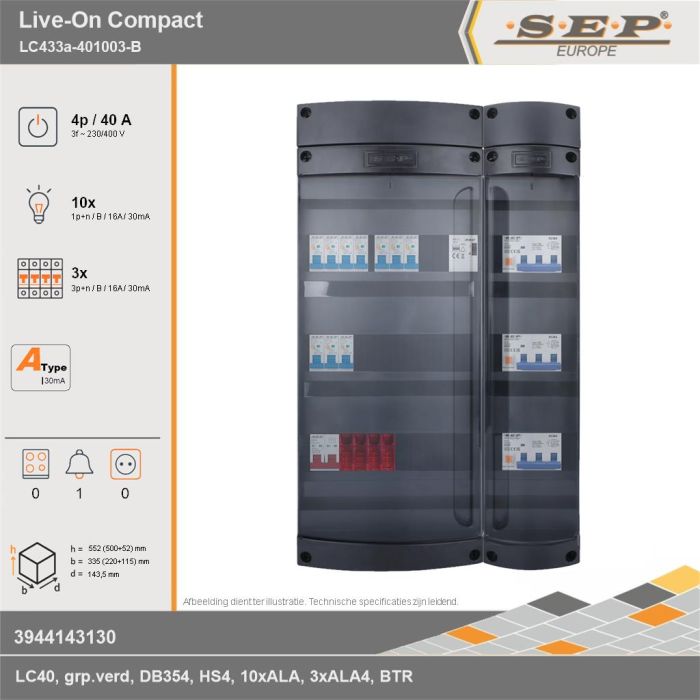 SEP Europe - Live-On Compact, LC433a-401003-B, 40A, 3-fase groepenkast, 10-lichtgroepen, 3-krachtgroepen, 1-beltrafo, technische gegevens