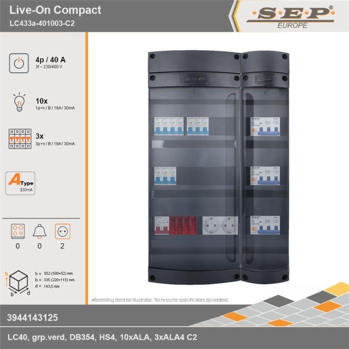 SEP Europe - Live-On Compact, LC433a-401003-C2, 40A, 3-fase groepenkast, 10-lichtgroepen, 3-krachtgroepen,  2V-contactdoos, technische gegevens
