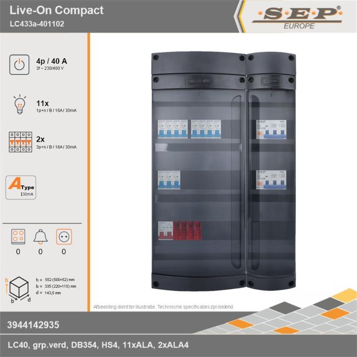 SEP Europe - Live-On Compact, LC433a-401102, 40A, 3-fase groepenkast, 11-lichtgroepen, 2-krachtgroepen, technische gegevens