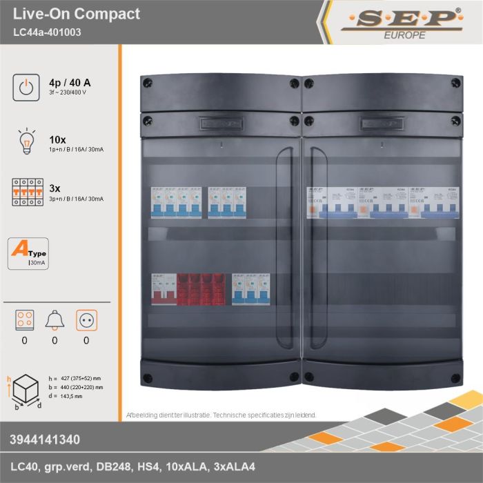 SEP Europe - Live-On Compact, LC44a-401003, 40A, 3-fase groepenkast, 10-lichtgroepen, 3-krachtgroepen, technische gegevens