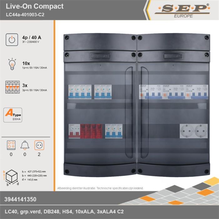 SEP Europe - Live-On Compact, LC44a-401003-C2, 40A, 3-fase groepenkast, 10-lichtgroepen, 3-krachtgroepen,  2V-contactdoos, technische gegevens