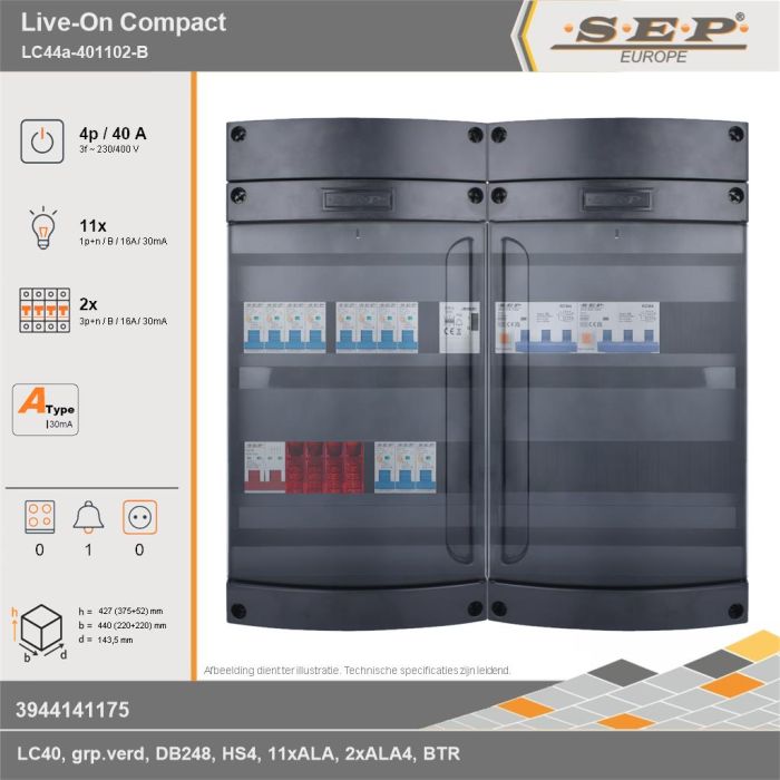 SEP Europe - Live-On Compact, LC44a-401102-B, 40A, 3-fase groepenkast, 11-lichtgroepen, 2-krachtgroepen, 1-beltrafo, technische gegevens