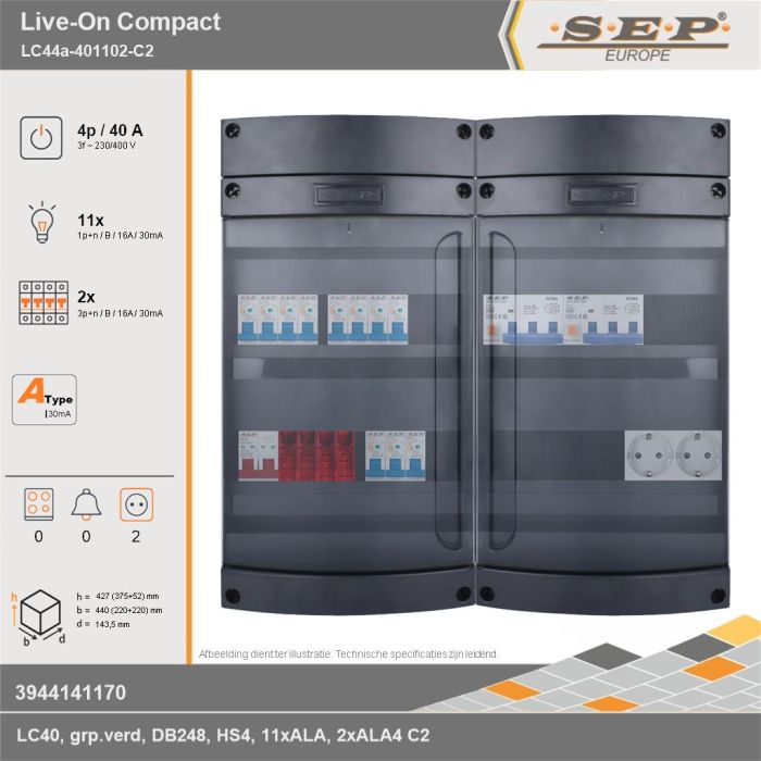 SEP Europe - Live-On Compact, LC44a-401102-C2, 40A, 3-fase groepenkast, 11-lichtgroepen, 2-krachtgroepen,  2V-contactdoos, technische gegevens