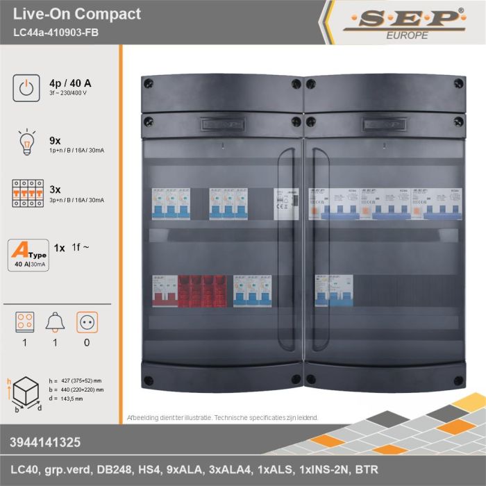 SEP Europe - Live-On Compact, LC44a-410903-FB, 40A, 3-fase groepenkast, 9-lichtgroepen, 3-krachtgroepen, 1-fornuisgroep, 1-beltrafo, technische gegevens