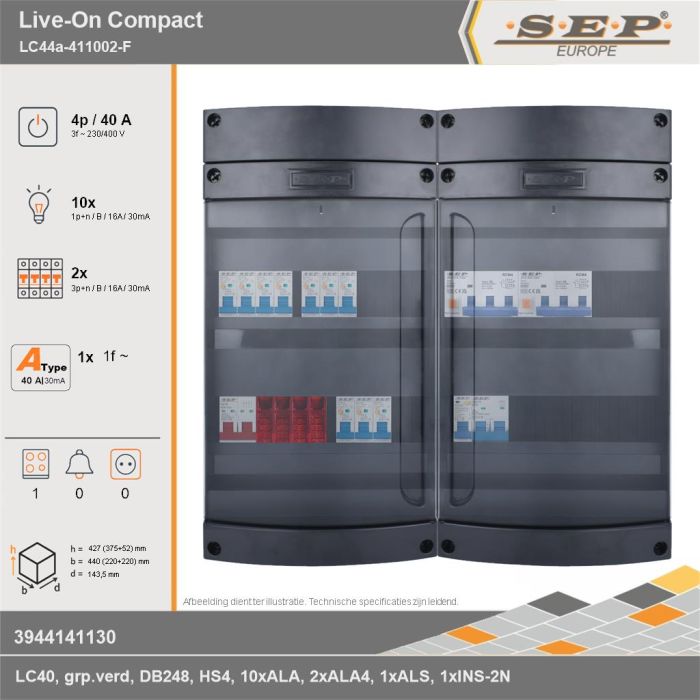 SEP Europe - Live-On Compact, LC44a-411002-F, 40A, 3-fase groepenkast, 10-lichtgroepen, 2-krachtgroepen, 1-fornuisgroep, technische gegevens