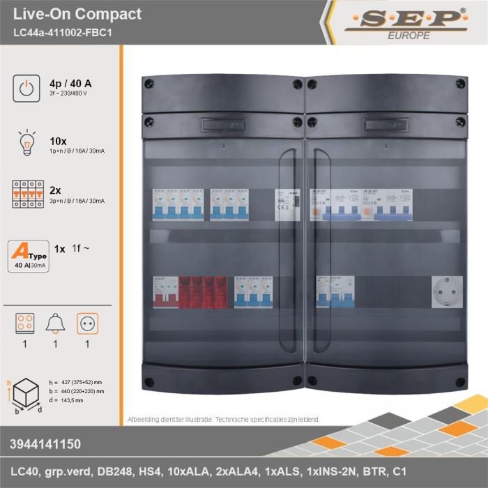 SEP Europe - Live-On Compact, LC44a-411002-FBC1, 40A, 3-fase groepenkast, 10-lichtgroepen, 2-krachtgroepen, 1-fornuisgroep, 1-beltrafo,  1V-contactdoos, technische gegevens