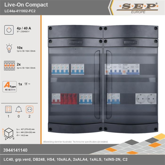 SEP Europe - Live-On Compact, LC44a-411002-FC2, 40A, 3-fase groepenkast, 10-lichtgroepen, 2-krachtgroepen, 1-fornuisgroep,  2V-contactdoos, technische gegevens