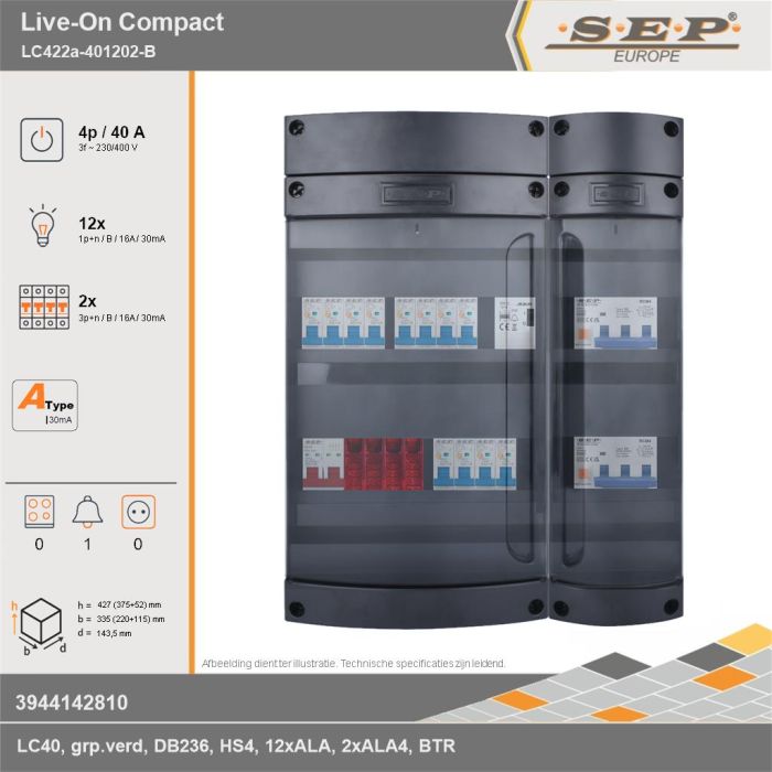 SEP Europe - Live-On Compact, LC422a-401202-B, 40A, 3-fase groepenkast, 12-lichtgroepen, 2-krachtgroepen, 1-beltrafo, technische gegevens