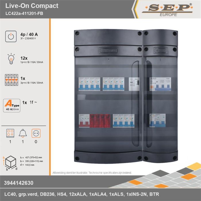 SEP Europe - Live-On Compact, LC422a-411201-FB, 40A, 3-fase groepenkast, 12-lichtgroepen, 1-krachtgroepen, 1-fornuisgroep, 1-beltrafo, technische gegevens