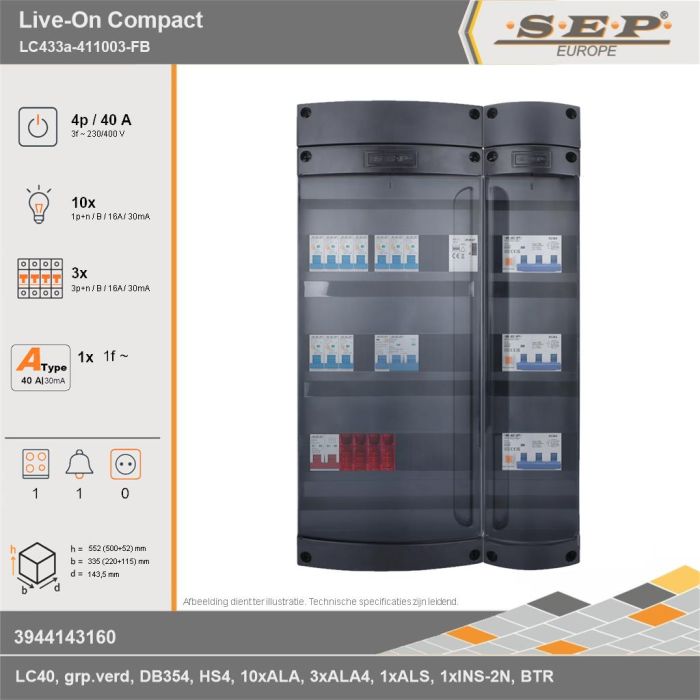 SEP Europe - Live-On Compact, LC433a-411003-FB, 40A, 3-fase groepenkast, 10-lichtgroepen, 3-krachtgroepen, 1-fornuisgroep, 1-beltrafo, technische gegevens