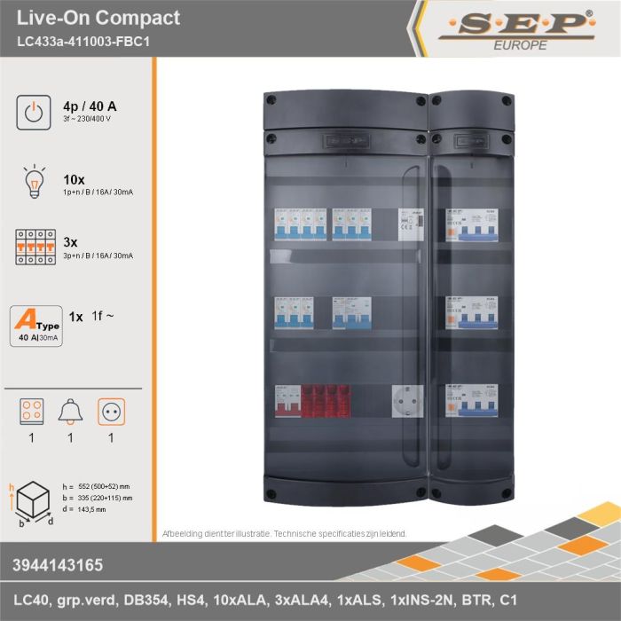 SEP Europe - Live-On Compact, LC433a-411003-FBC1, 40A, 3-fase groepenkast, 10-lichtgroepen, 3-krachtgroepen, 1-fornuisgroep, 1-beltrafo,  1V-contactdoos, technische gegevens