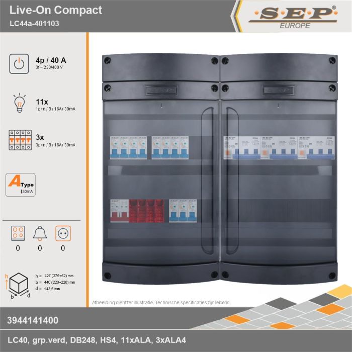 SEP Europe - Live-On Compact, LC44a-401103, 40A, 3-fase groepenkast, 11-lichtgroepen, 3-krachtgroepen, technische gegevens