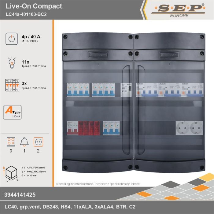 SEP Europe - Live-On Compact, LC44a-401103-BC2, 40A, 3-fase groepenkast, 11-lichtgroepen, 3-krachtgroepen, 1-beltrafo,  2V-contactdoos, technische gegevens