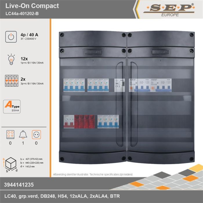 SEP Europe - Live-On Compact, LC44a-401202-B, 40A, 3-fase groepenkast, 12-lichtgroepen, 2-krachtgroepen, 1-beltrafo, technische gegevens
