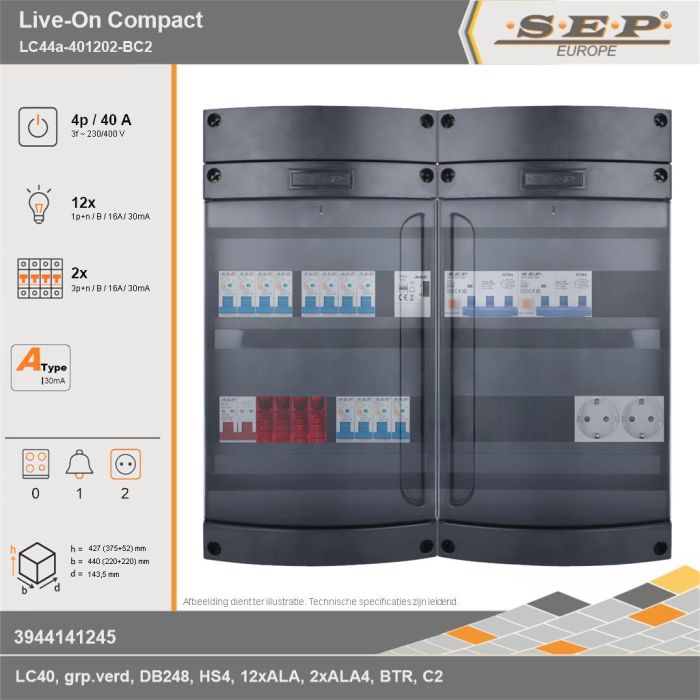 SEP Europe - Live-On Compact, LC44a-401202-BC2, 40A, 3-fase groepenkast, 12-lichtgroepen, 2-krachtgroepen, 1-beltrafo,  2V-contactdoos, technische gegevens