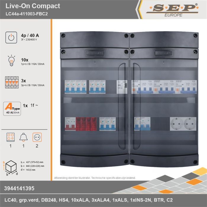 SEP Europe - Live-On Compact, LC44a-411003-FBC2, 40A, 3-fase groepenkast, 10-lichtgroepen, 3-krachtgroepen, 1-fornuisgroep, 1-beltrafo,  2V-contactdoos, technische gegevens