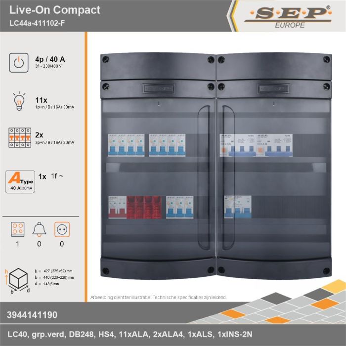SEP Europe - Live-On Compact, LC44a-411102-F, 40A, 3-fase groepenkast, 11-lichtgroepen, 2-krachtgroepen, 1-fornuisgroep, technische gegevens