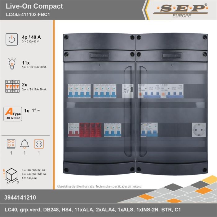 SEP Europe - Live-On Compact, LC44a-411102-FBC1, 40A, 3-fase groepenkast, 11-lichtgroepen, 2-krachtgroepen, 1-fornuisgroep, 1-beltrafo,  1V-contactdoos, technische gegevens