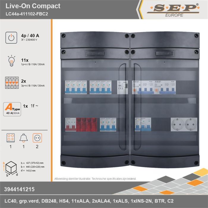 SEP Europe - Live-On Compact, LC44a-411102-FBC2, 40A, 3-fase groepenkast, 11-lichtgroepen, 2-krachtgroepen, 1-fornuisgroep, 1-beltrafo,  2V-contactdoos, technische gegevens