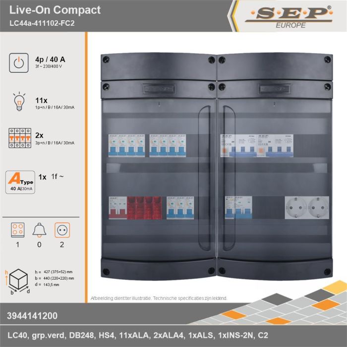 SEP Europe - Live-On Compact, LC44a-411102-FC2, 40A, 3-fase groepenkast, 11-lichtgroepen, 2-krachtgroepen, 1-fornuisgroep,  2V-contactdoos, technische gegevens