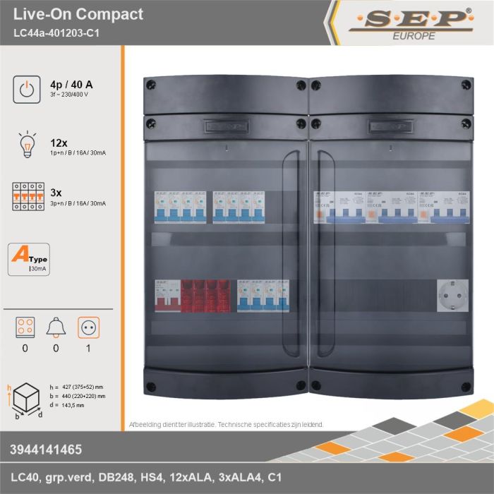 SEP Europe - Live-On Compact, LC44a-401203-C1, 40A, 3-fase groepenkast, 12-lichtgroepen, 3-krachtgroepen,  1V-contactdoos, technische gegevens