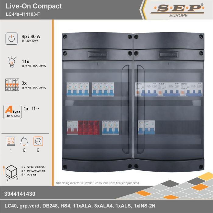 SEP Europe - Live-On Compact, LC44a-411103-F, 40A, 3-fase groepenkast, 11-lichtgroepen, 3-krachtgroepen, 1-fornuisgroep, technische gegevens