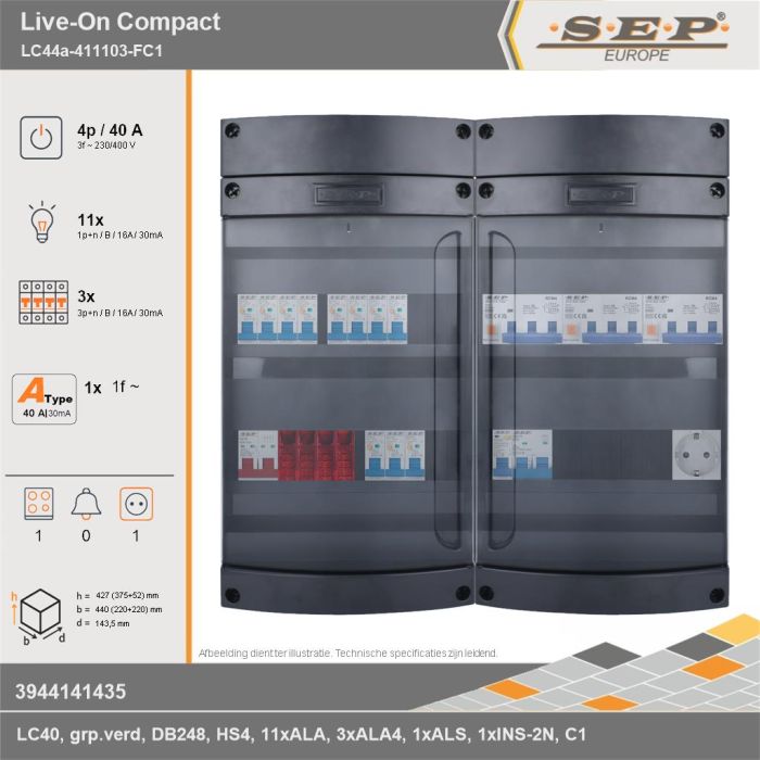 SEP Europe - Live-On Compact, LC44a-411103-FC1, 40A, 3-fase groepenkast, 11-lichtgroepen, 3-krachtgroepen, 1-fornuisgroep,  1V-contactdoos, technische gegevens