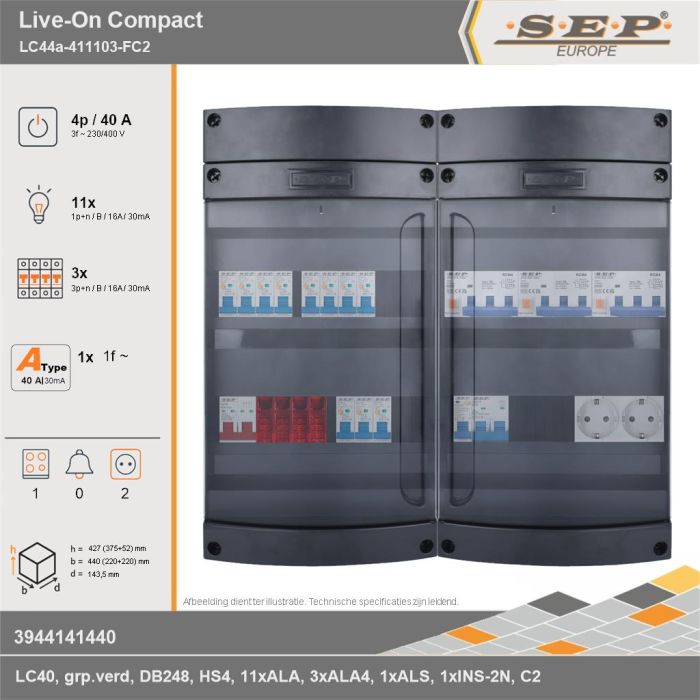 SEP Europe - Live-On Compact, LC44a-411103-FC2, 40A, 3-fase groepenkast, 11-lichtgroepen, 3-krachtgroepen, 1-fornuisgroep,  2V-contactdoos, technische gegevens