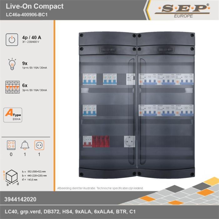 SEP Europe - Live-On Compact, LC46a-400906-BC1, 40A, 3-fase groepenkast, 9-lichtgroepen, 6-krachtgroepen, 1-beltrafo,  1V-contactdoos, technische gegevens