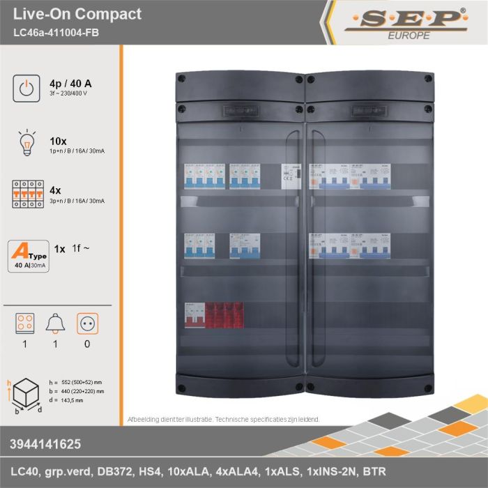 SEP Europe - Live-On Compact, LC46a-411004-FB, 40A, 3-fase groepenkast, 10-lichtgroepen, 4-krachtgroepen, 1-fornuisgroep, 1-beltrafo, technische gegevens