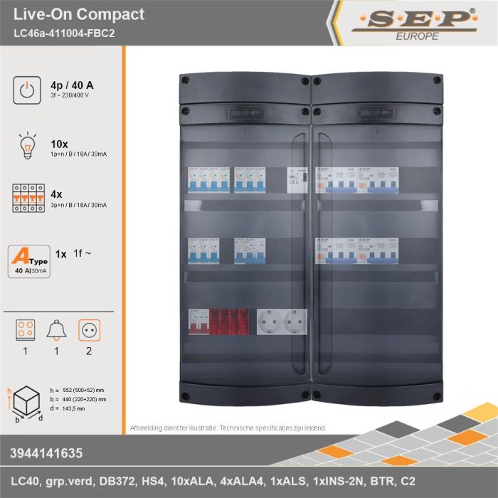 SEP Europe - Live-On Compact, LC46a-411004-FBC2, 40A, 3-fase groepenkast, 10-lichtgroepen, 4-krachtgroepen, 1-fornuisgroep, 1-beltrafo,  2V-contactdoos, technische gegevens