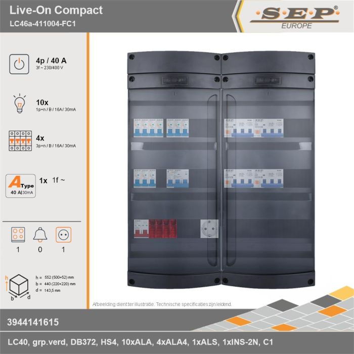SEP Europe - Live-On Compact, LC46a-411004-FC1, 40A, 3-fase groepenkast, 10-lichtgroepen, 4-krachtgroepen, 1-fornuisgroep,  1V-contactdoos, technische gegevens