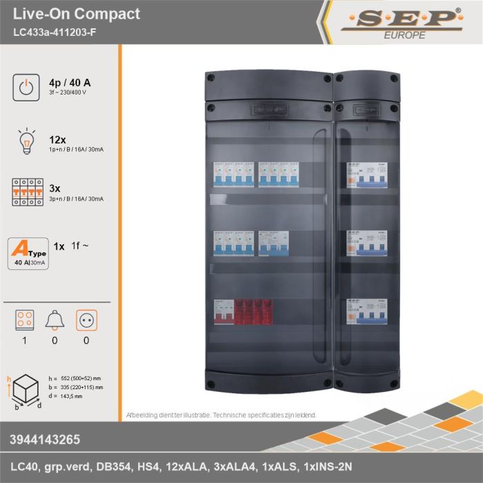 SEP Europe - Live-On Compact, LC433a-411203-F, 40A, 3-fase groepenkast, 12-lichtgroepen, 3-krachtgroepen, 1-fornuisgroep, technische gegevens