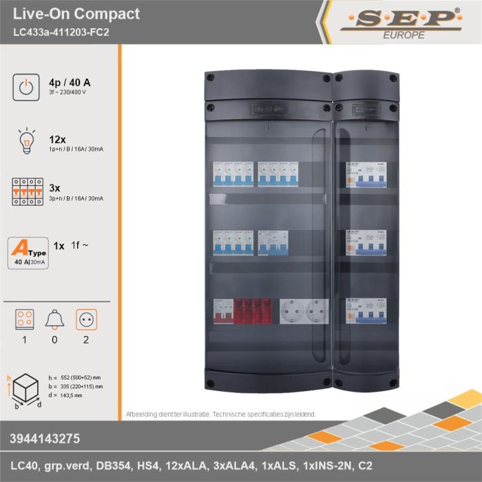 SEP Europe - Live-On Compact, LC433a-411203-FC2, 40A, 3-fase groepenkast, 12-lichtgroepen, 3-krachtgroepen, 1-fornuisgroep,  2V-contactdoos, technische gegevens